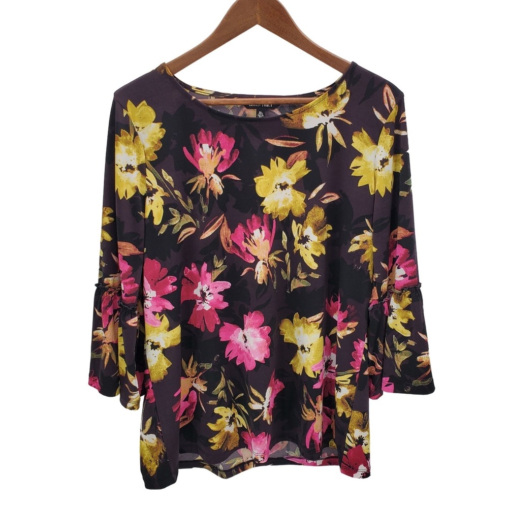Ellen Tracy Womens L Floral Boho Bell Sleeve‎ Blouse Black Vibrant Festival Top